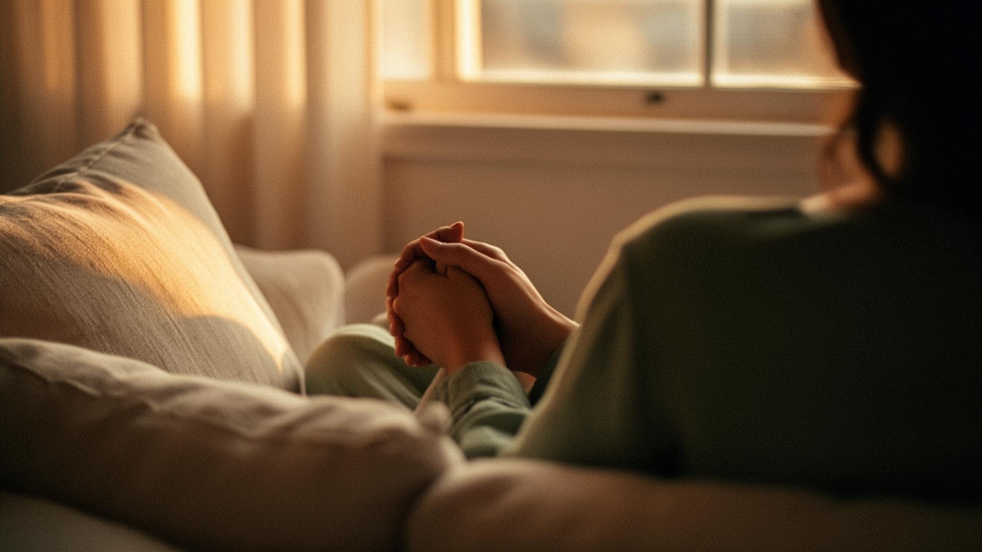A couple holding hands quietly together on a sunlit sofa