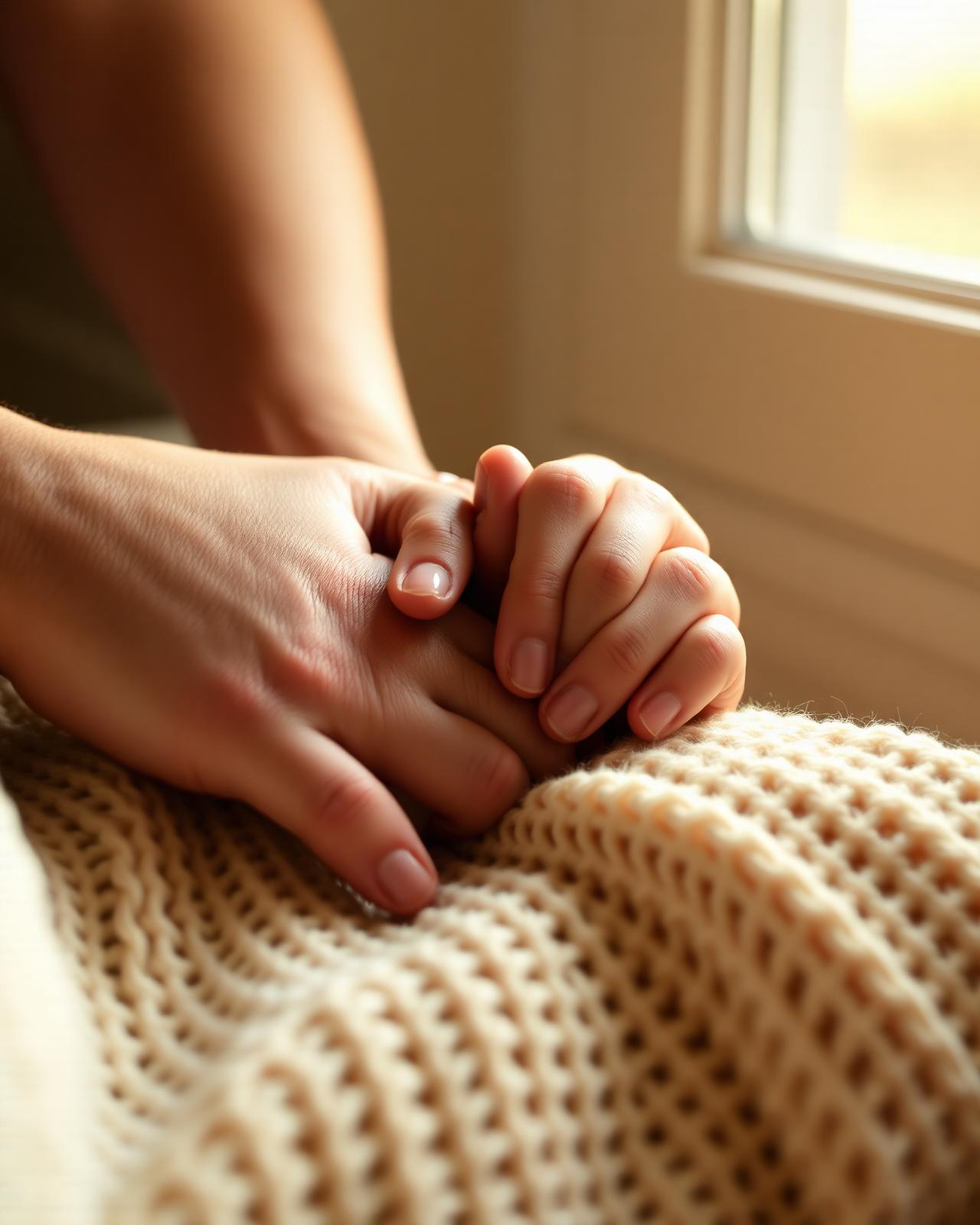 Two people gently holding hands in warm window light